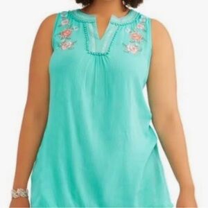 Whispers New York Tunic women’s 2X Floral Embroidered Sleeveless Top in Aqua